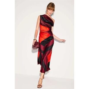 Staud Phare Silk Dress Red Black Geometric One Shoulder Satin Midi Womens Sz 4